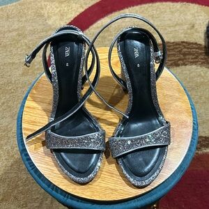 Zara Sparkly Silver Chunky Heel Sandals